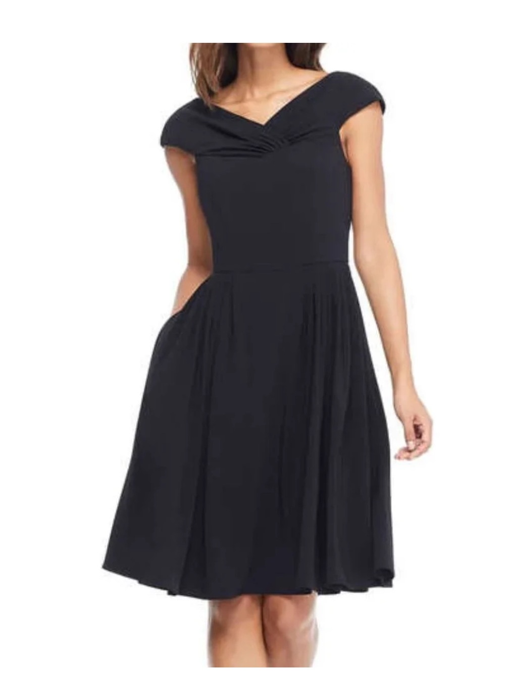 Gal Meets Glam Black Midi Fit-and-Flare Dress with V-Collar